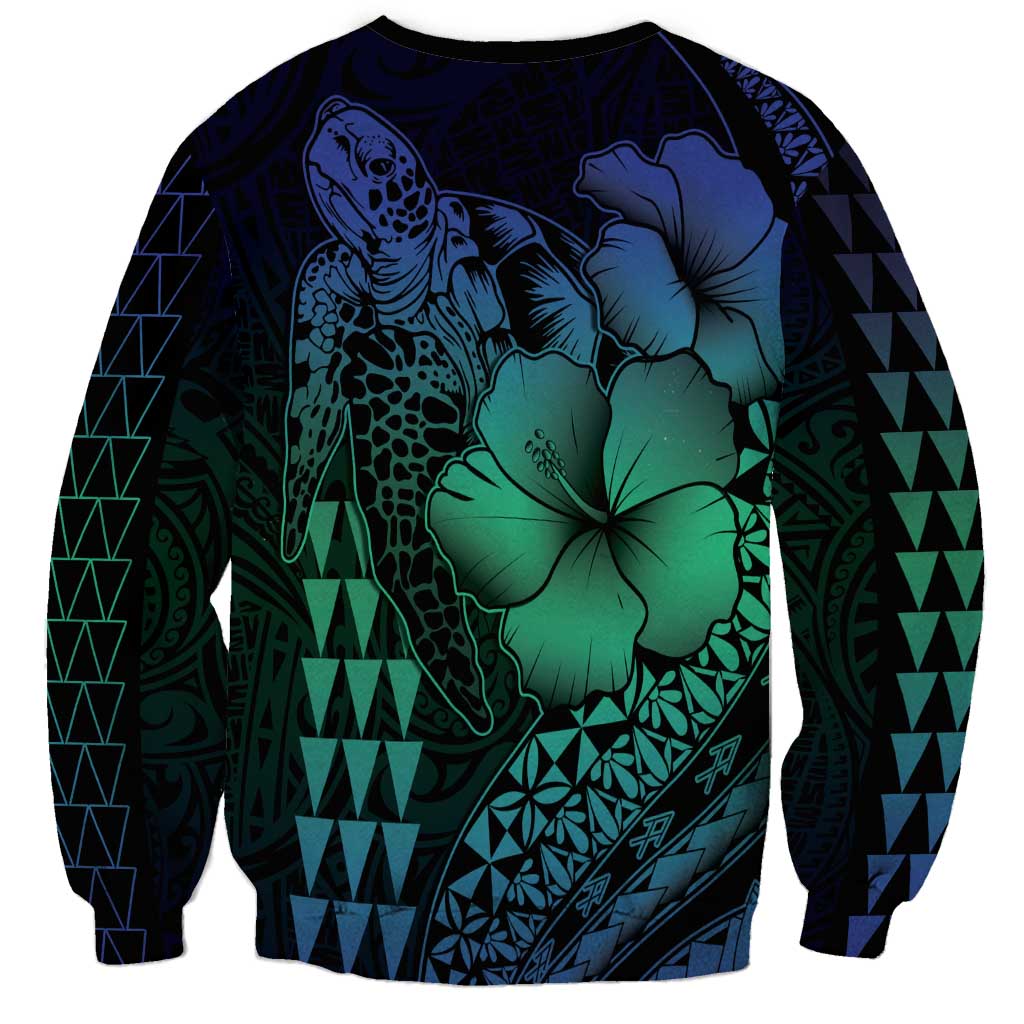 Hawaiian Sea Turtle Sweatshirt Blue Hibiscus Flowers and Kakau Pattern