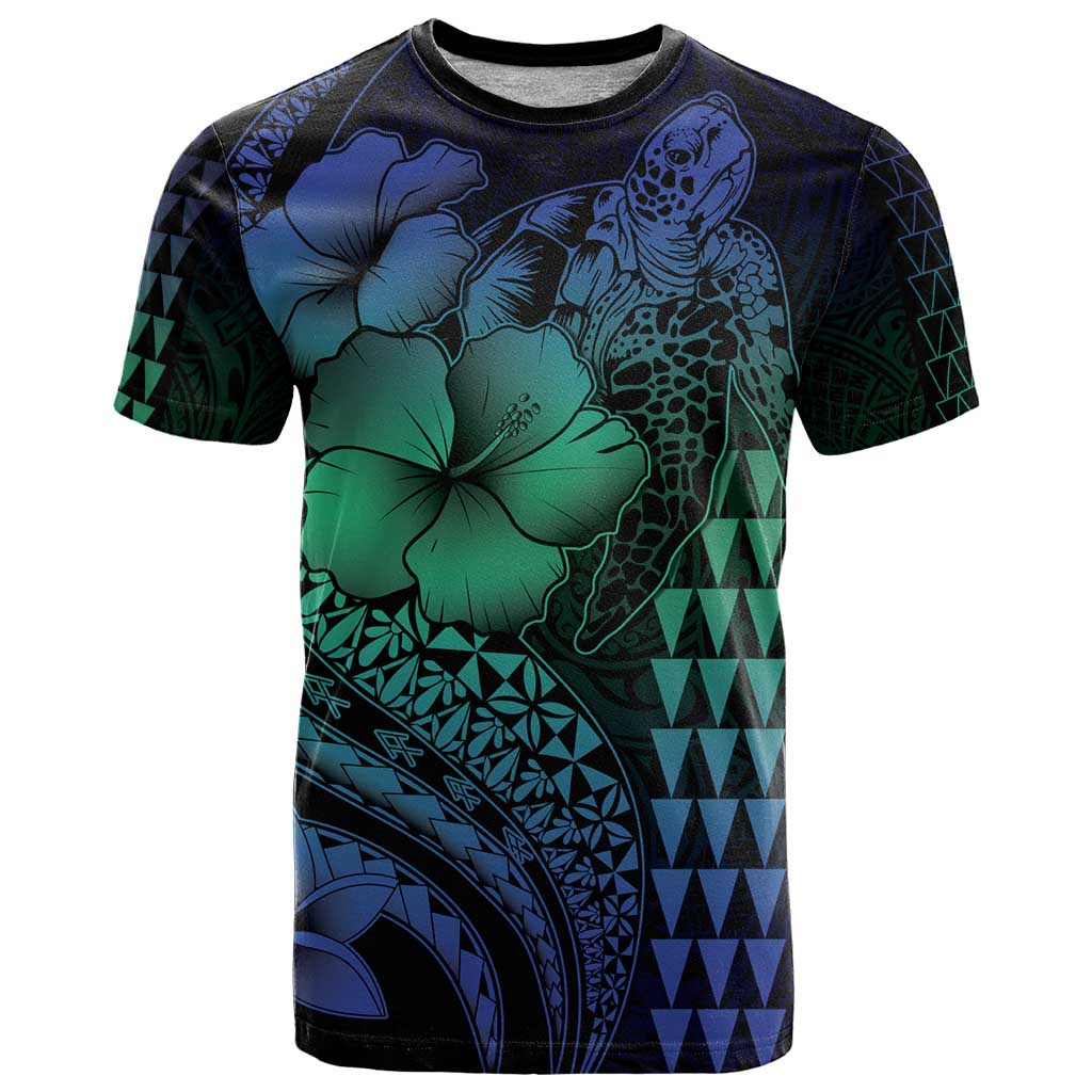 Hawaiian Sea Turtle T Shirt Blue Hibiscus Flowers and Kakau Pattern