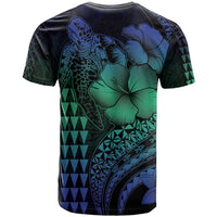 Hawaiian Sea Turtle T Shirt Blue Hibiscus Flowers and Kakau Pattern