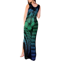 Hawaiian Sea Turtle Tank Maxi Dress Blue Hibiscus Flowers and Kakau Pattern