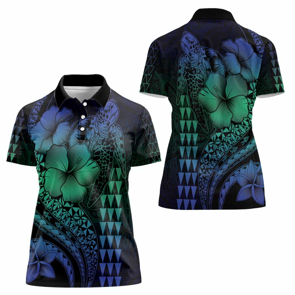 Hawaiian Sea Turtle Women Polo Shirt Blue Hibiscus Flowers and Kakau Pattern