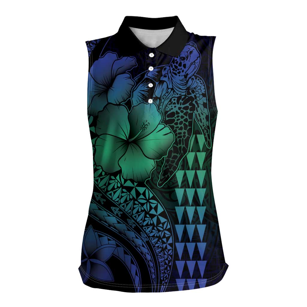 Hawaiian Sea Turtle Women Sleeveless Polo Shirt Blue Hibiscus Flowers and Kakau Pattern