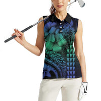 Hawaiian Sea Turtle Women Sleeveless Polo Shirt Blue Hibiscus Flowers and Kakau Pattern