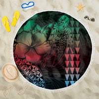 Hawaiian Sea Turtle Beach Blanket Green Hibiscus Flowers and Kakau Pattern
