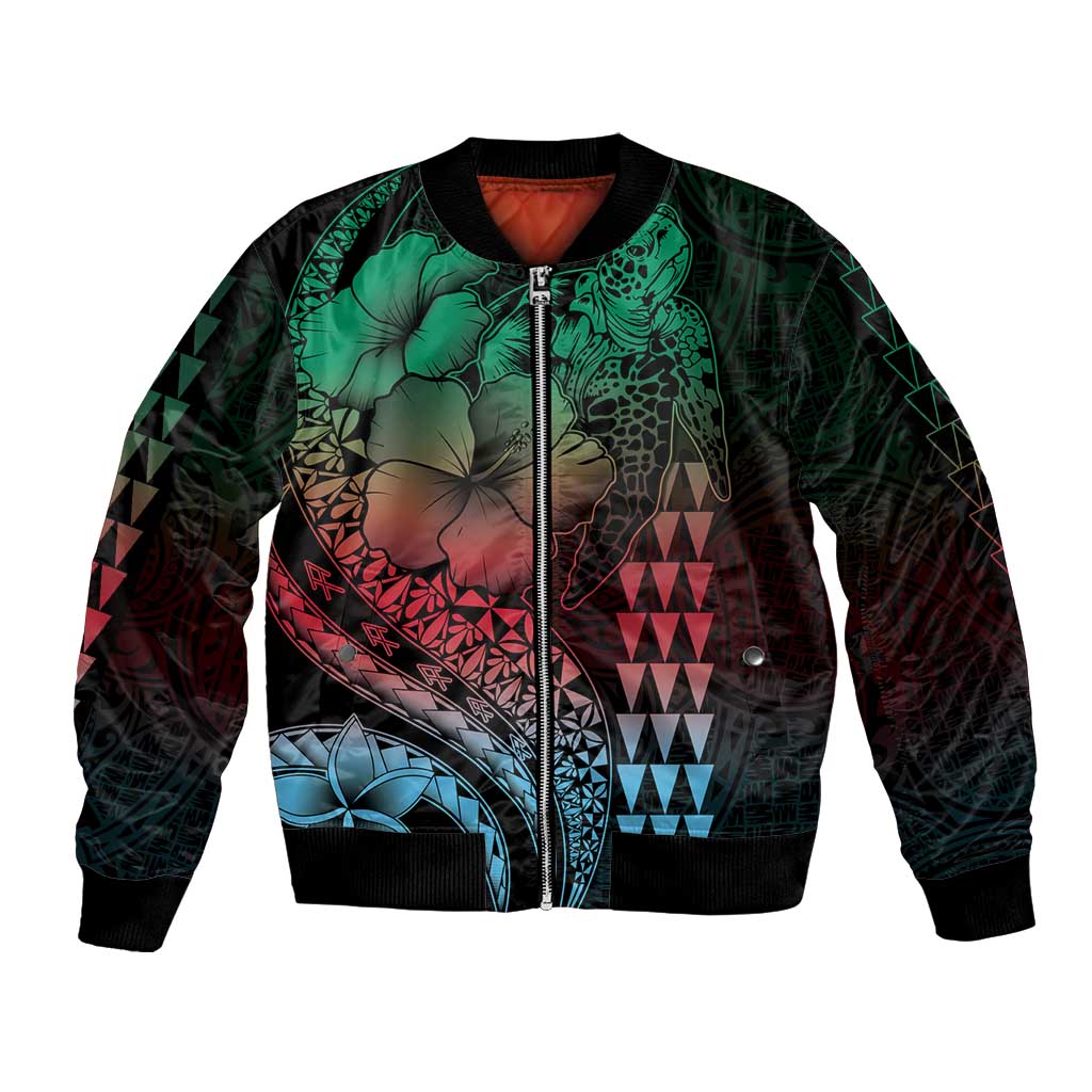 Hawaiian Sea Turtle Bomber Jacket Green Hibiscus Flowers and Kakau Pattern