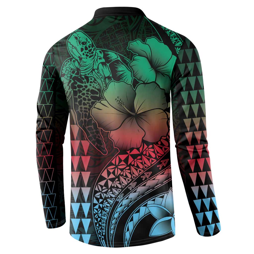 Hawaiian Sea Turtle Button Sweatshirt Green Hibiscus Flowers and Kakau Pattern