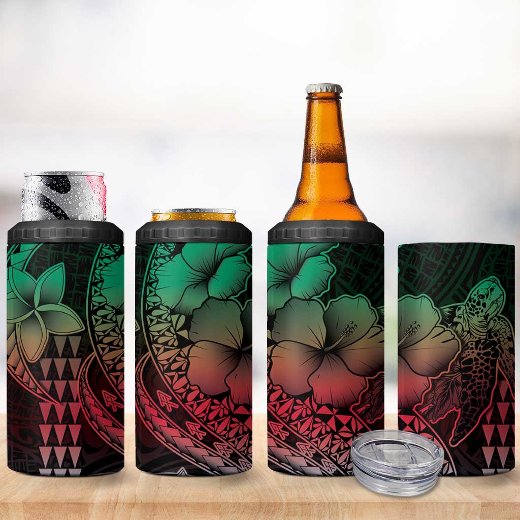 Hawaiian Sea Turtle 4 in 1 Can Cooler Tumbler Green Hibiscus Flowers and Kakau Pattern