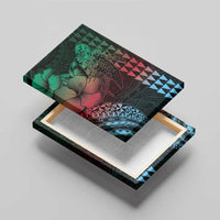 Hawaiian Sea Turtle Canvas Wall Art Green Hibiscus Flowers and Kakau Pattern