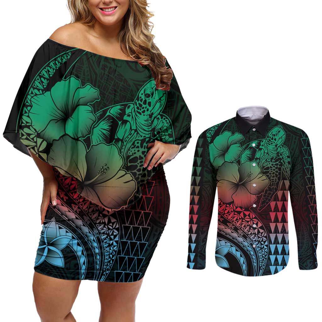 Hawaiian Sea Turtle Couples Matching Off Shoulder Short Dress and Long Sleeve Button Shirt Green Hibiscus Flowers and Kakau Pattern