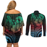 Hawaiian Sea Turtle Couples Matching Off Shoulder Short Dress and Long Sleeve Button Shirt Green Hibiscus Flowers and Kakau Pattern
