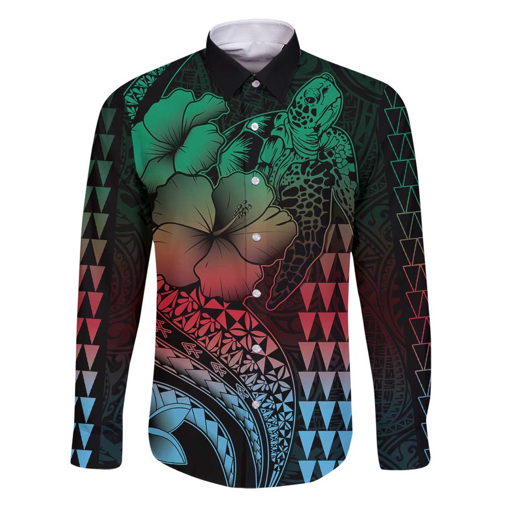 Hawaiian Sea Turtle Family Matching Mermaid Dress and Hawaiian Shirt Green Hibiscus Flowers and Kakau Pattern