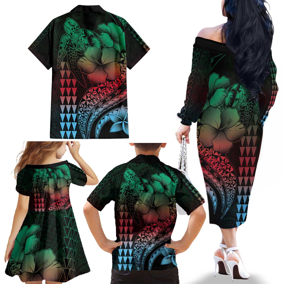 Hawaiian Sea Turtle Family Matching Off The Shoulder Long Sleeve Dress and Hawaiian Shirt Green Hibiscus Flowers and Kakau Pattern