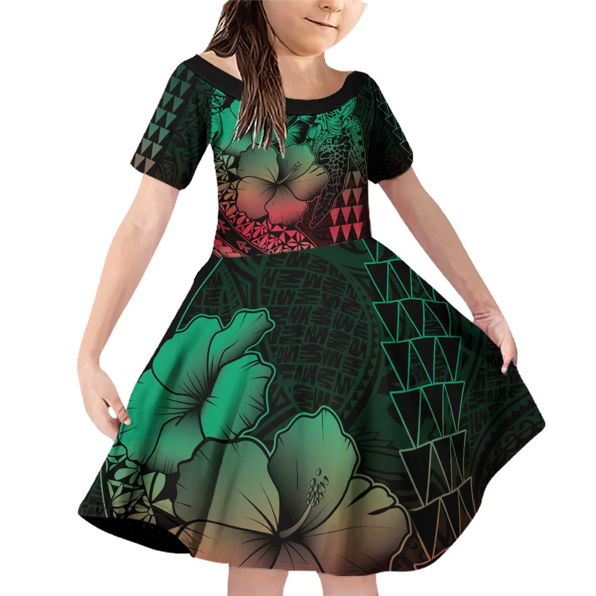 Hawaiian Sea Turtle Family Matching Off Shoulder Short Dress and Hawaiian Shirt Green Hibiscus Flowers and Kakau Pattern