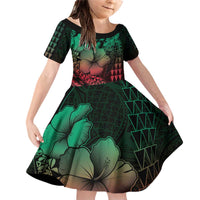 Hawaiian Sea Turtle Family Matching Off Shoulder Short Dress and Hawaiian Shirt Green Hibiscus Flowers and Kakau Pattern