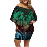 Hawaiian Sea Turtle Family Matching Off Shoulder Short Dress and Hawaiian Shirt Green Hibiscus Flowers and Kakau Pattern