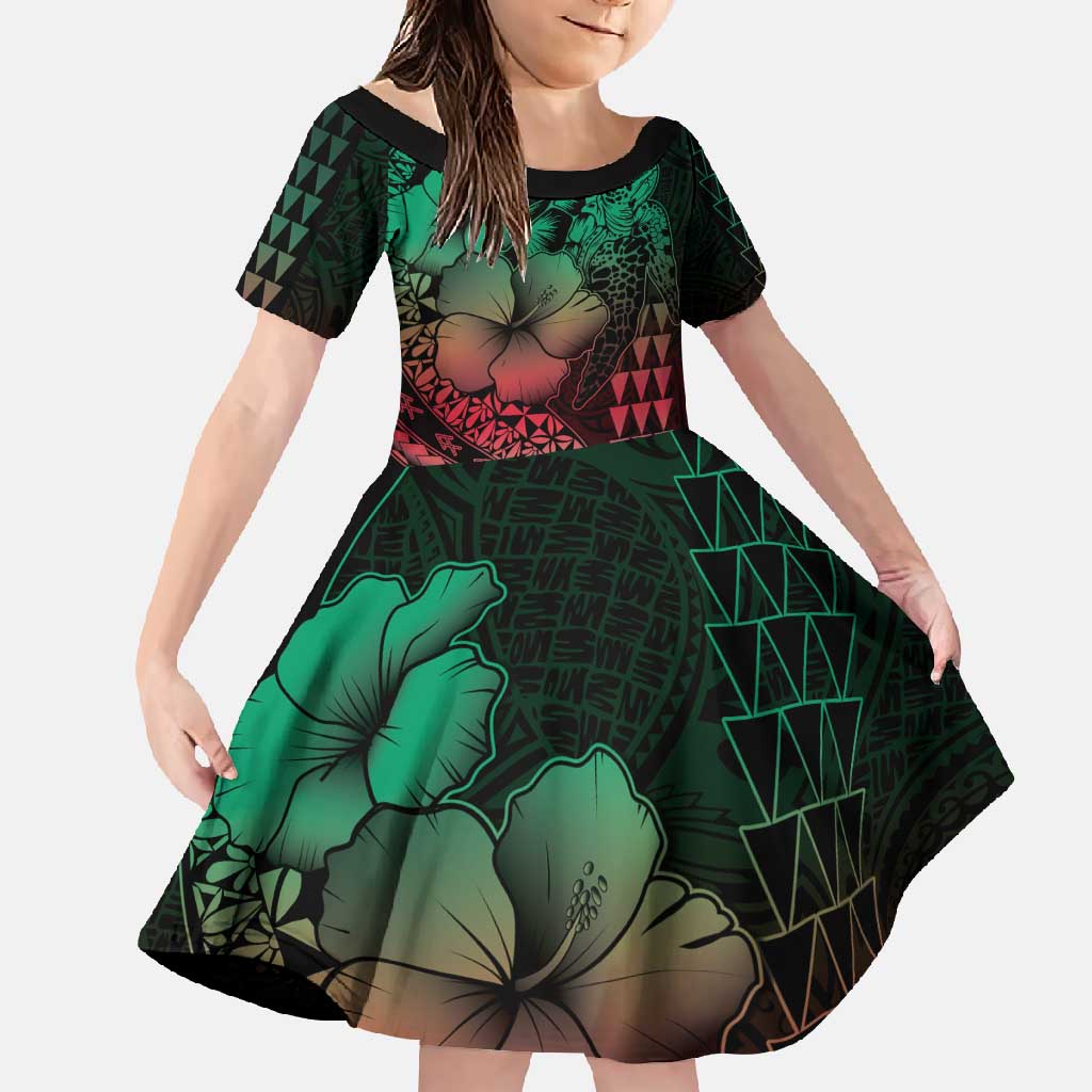 Hawaiian Sea Turtle Family Matching Tank Maxi Dress and Hawaiian Shirt Green Hibiscus Flowers and Kakau Pattern