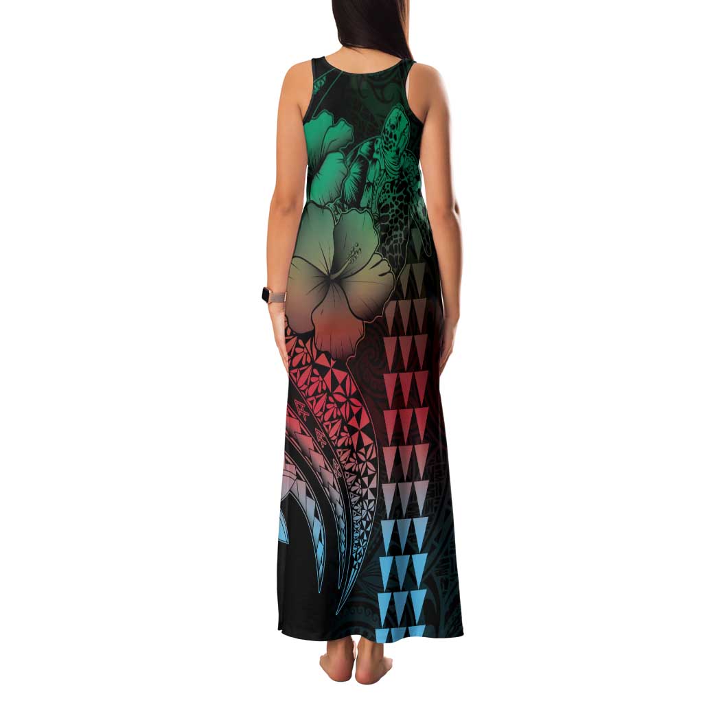 Hawaiian Sea Turtle Family Matching Tank Maxi Dress and Hawaiian Shirt Green Hibiscus Flowers and Kakau Pattern
