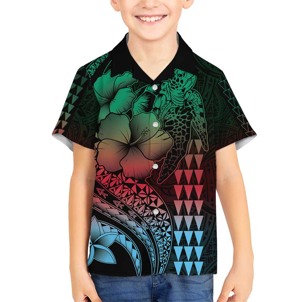 Hawaiian Sea Turtle Family Matching Tank Maxi Dress and Hawaiian Shirt Green Hibiscus Flowers and Kakau Pattern