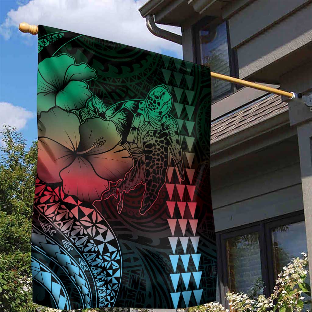 Hawaiian Sea Turtle Garden Flag Green Hibiscus Flowers and Kakau Pattern