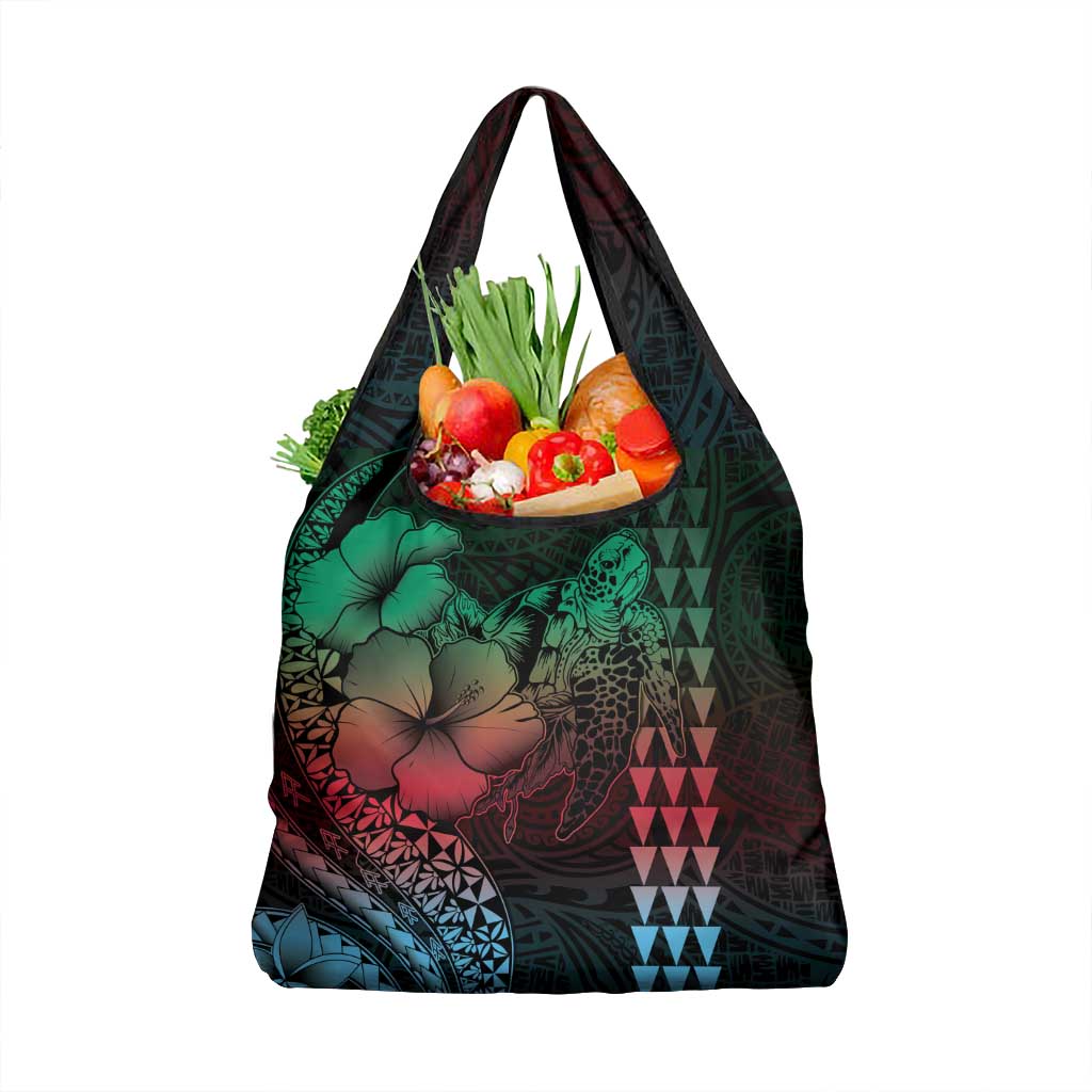 Hawaiian Sea Turtle Grocery Bag Green Hibiscus Flowers and Kakau Pattern