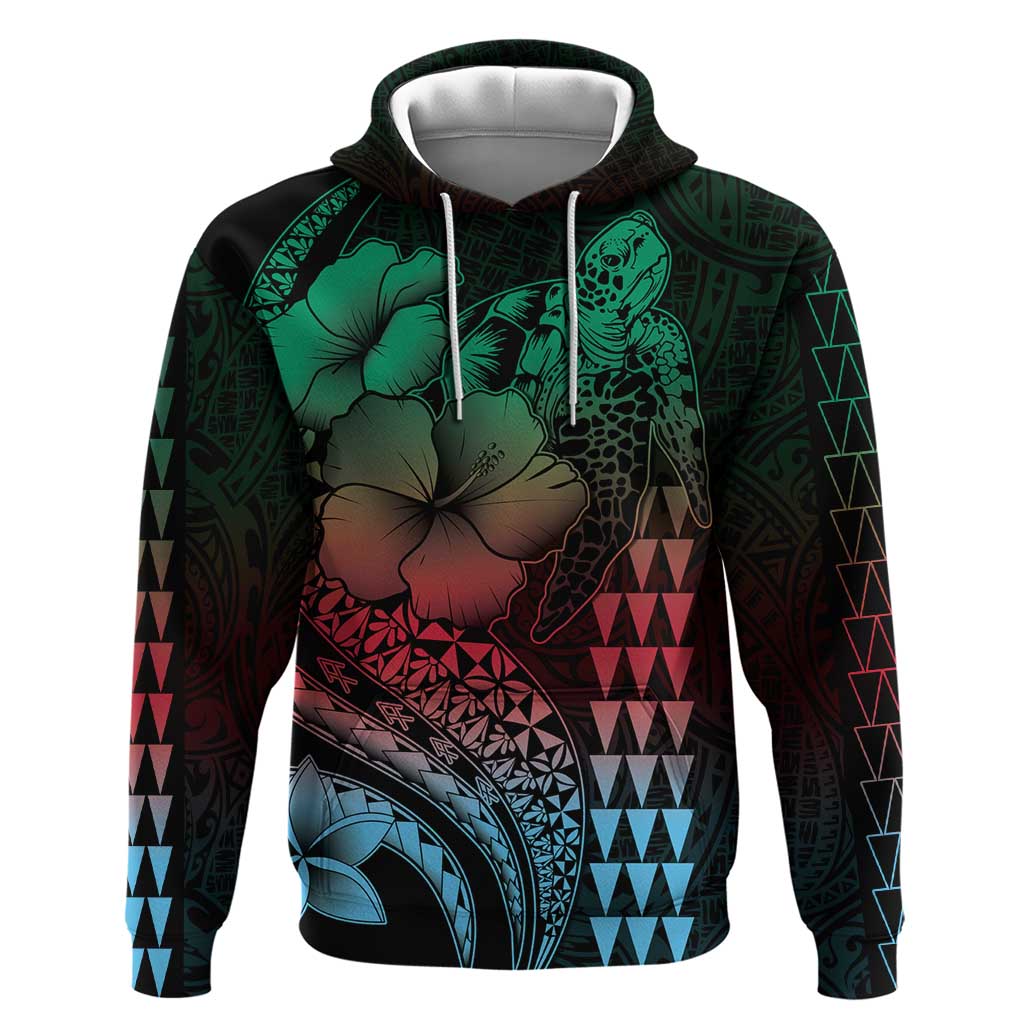 Hawaiian Sea Turtle Hoodie Green Hibiscus Flowers and Kakau Pattern