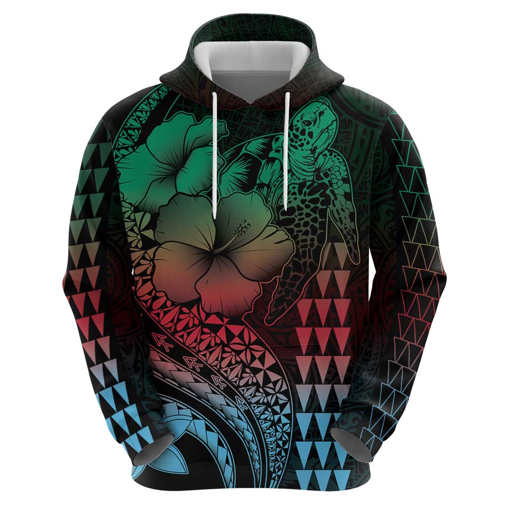 Hawaiian Sea Turtle Hoodie Green Hibiscus Flowers and Kakau Pattern