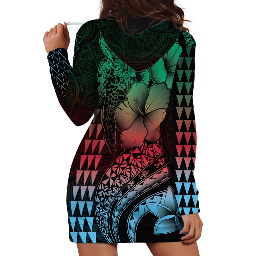 Hawaiian Sea Turtle Hoodie Dress Green Hibiscus Flowers and Kakau Pattern
