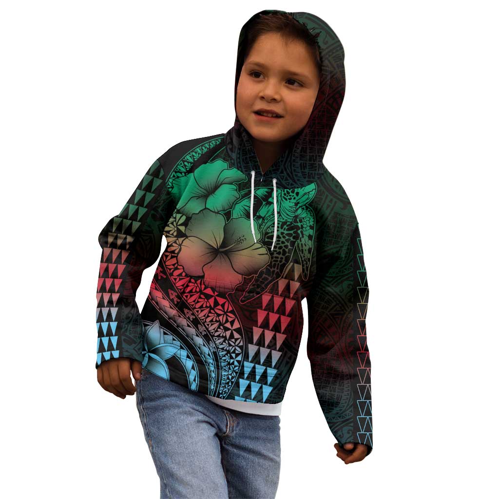 Hawaiian Sea Turtle Kid Hoodie Green Hibiscus Flowers and Kakau Pattern