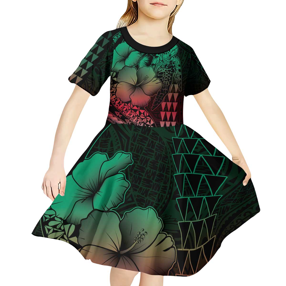 Hawaiian Sea Turtle Kid Short Sleeve Dress Green Hibiscus Flowers and Kakau Pattern
