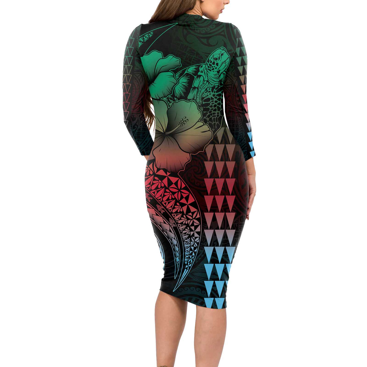 Hawaiian Sea Turtle Long Sleeve Bodycon Dress Green Hibiscus Flowers and Kakau Pattern