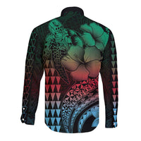 Hawaiian Sea Turtle Long Sleeve Button Shirt Green Hibiscus Flowers and Kakau Pattern