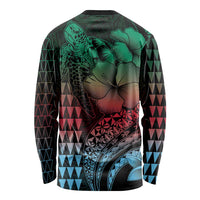 Hawaiian Sea Turtle Long Sleeve Shirt Green Hibiscus Flowers and Kakau Pattern