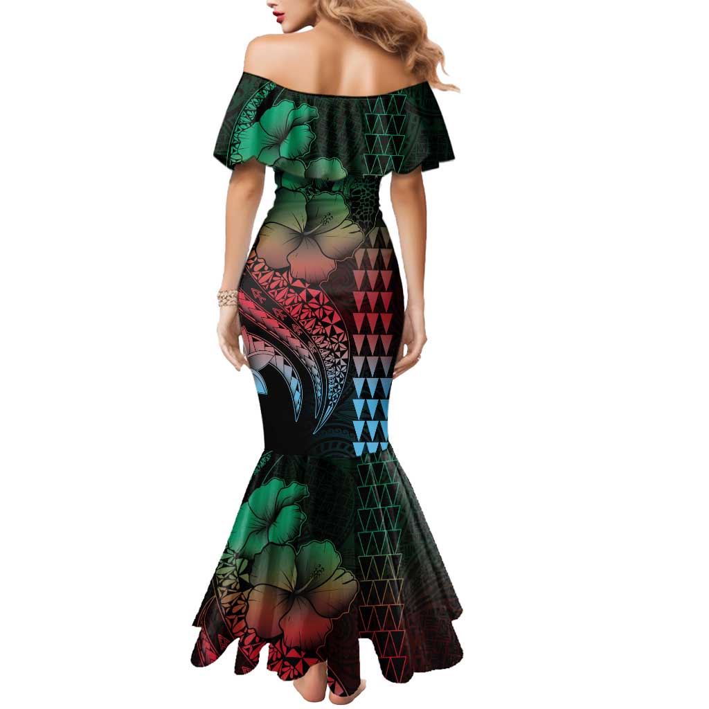 Hawaiian Sea Turtle Mermaid Dress Green Hibiscus Flowers and Kakau Pattern