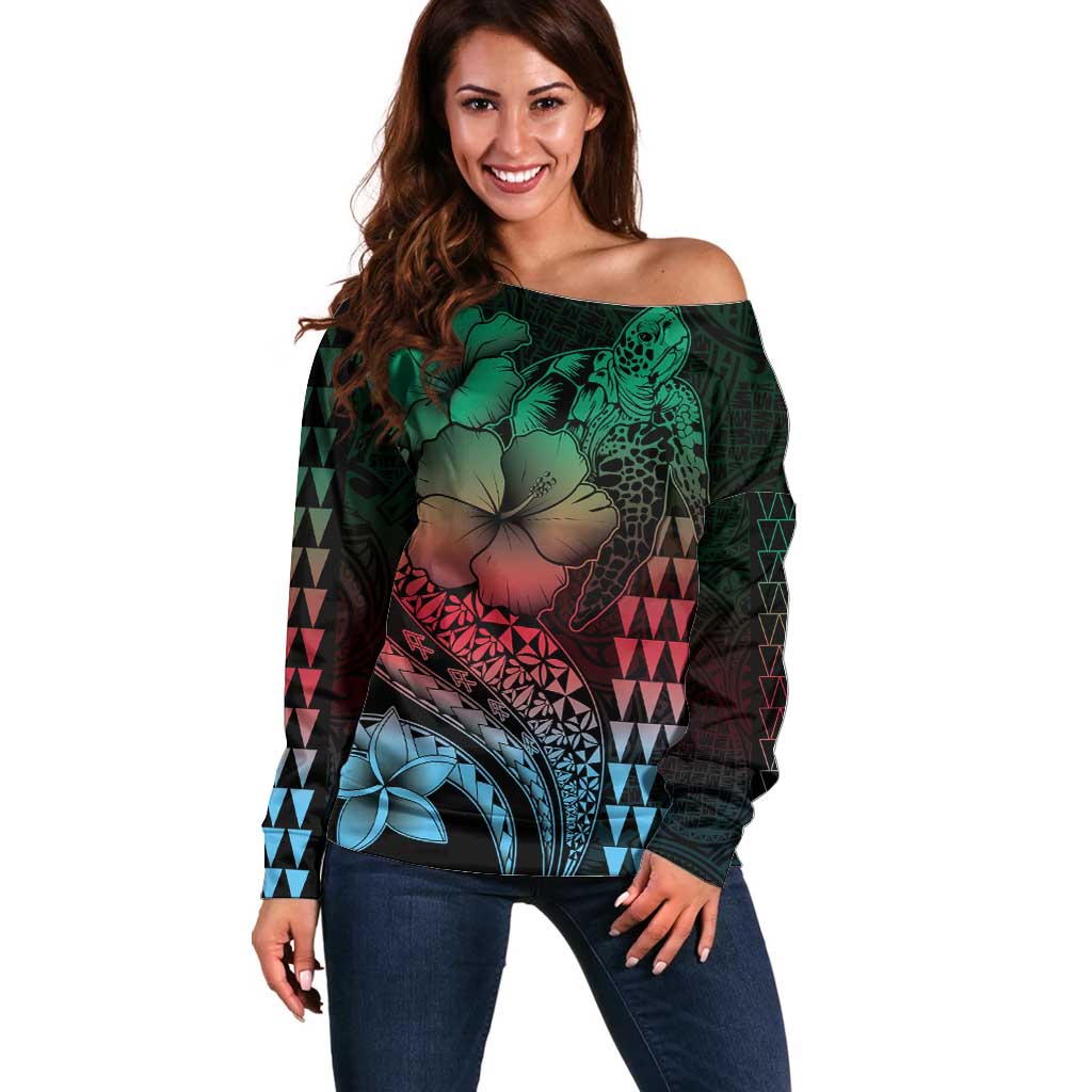 Hawaiian Sea Turtle Off Shoulder Sweater Green Hibiscus Flowers and Kakau Pattern