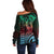 Hawaiian Sea Turtle Off Shoulder Sweater Green Hibiscus Flowers and Kakau Pattern