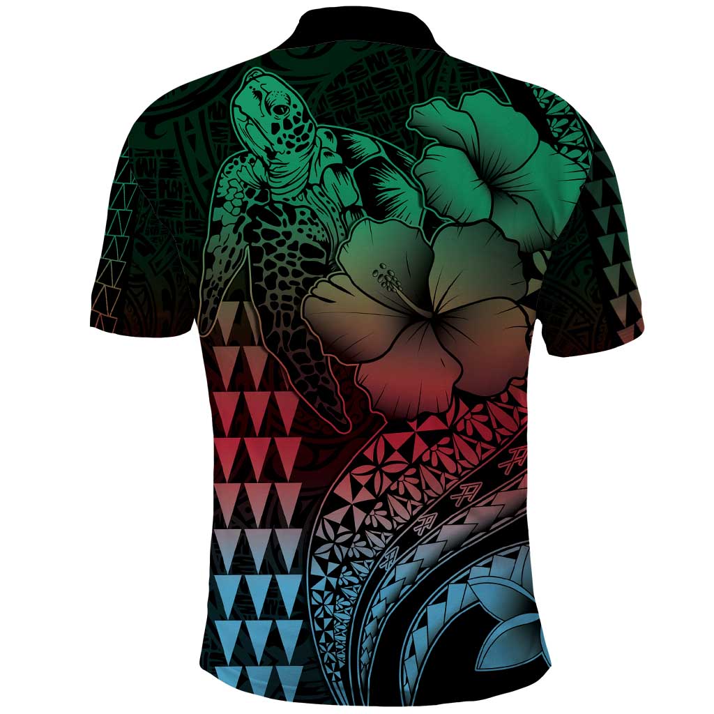 Hawaiian Sea Turtle Polo Shirt Green Hibiscus Flowers and Kakau Pattern