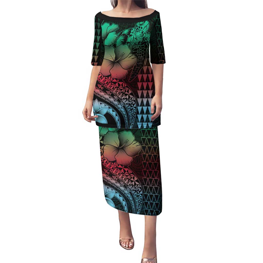 Hawaiian Sea Turtle Puletasi Green Hibiscus Flowers and Kakau Pattern