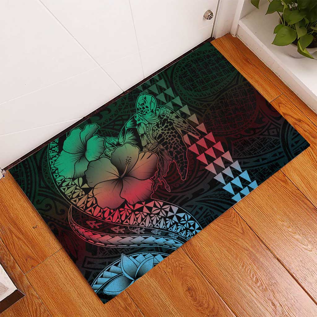 Hawaiian Sea Turtle Rubber Doormat Green Hibiscus Flowers and Kakau Pattern