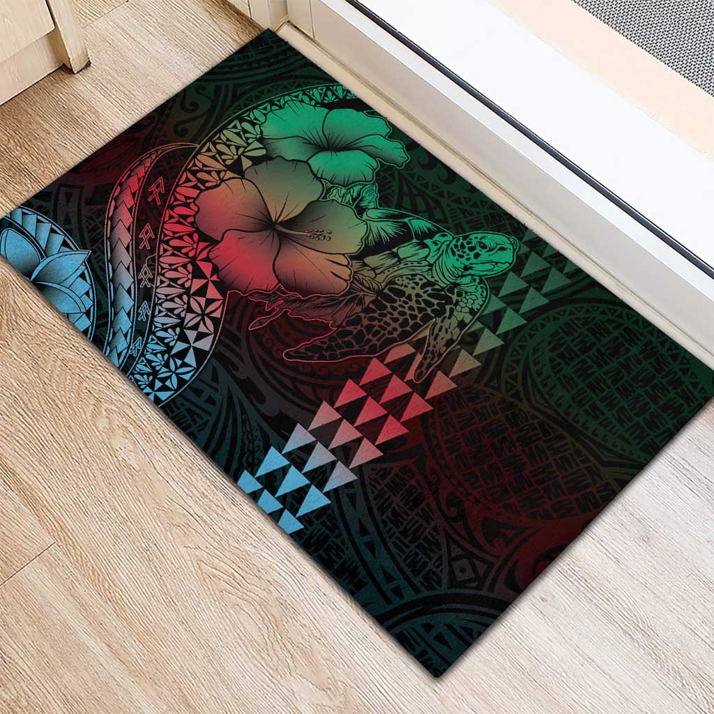 Hawaiian Sea Turtle Rubber Doormat Green Hibiscus Flowers and Kakau Pattern