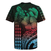 Hawaiian Sea Turtle Rugby Jersey Green Hibiscus Flowers and Kakau Pattern