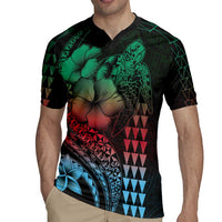 Hawaiian Sea Turtle Rugby Jersey Green Hibiscus Flowers and Kakau Pattern