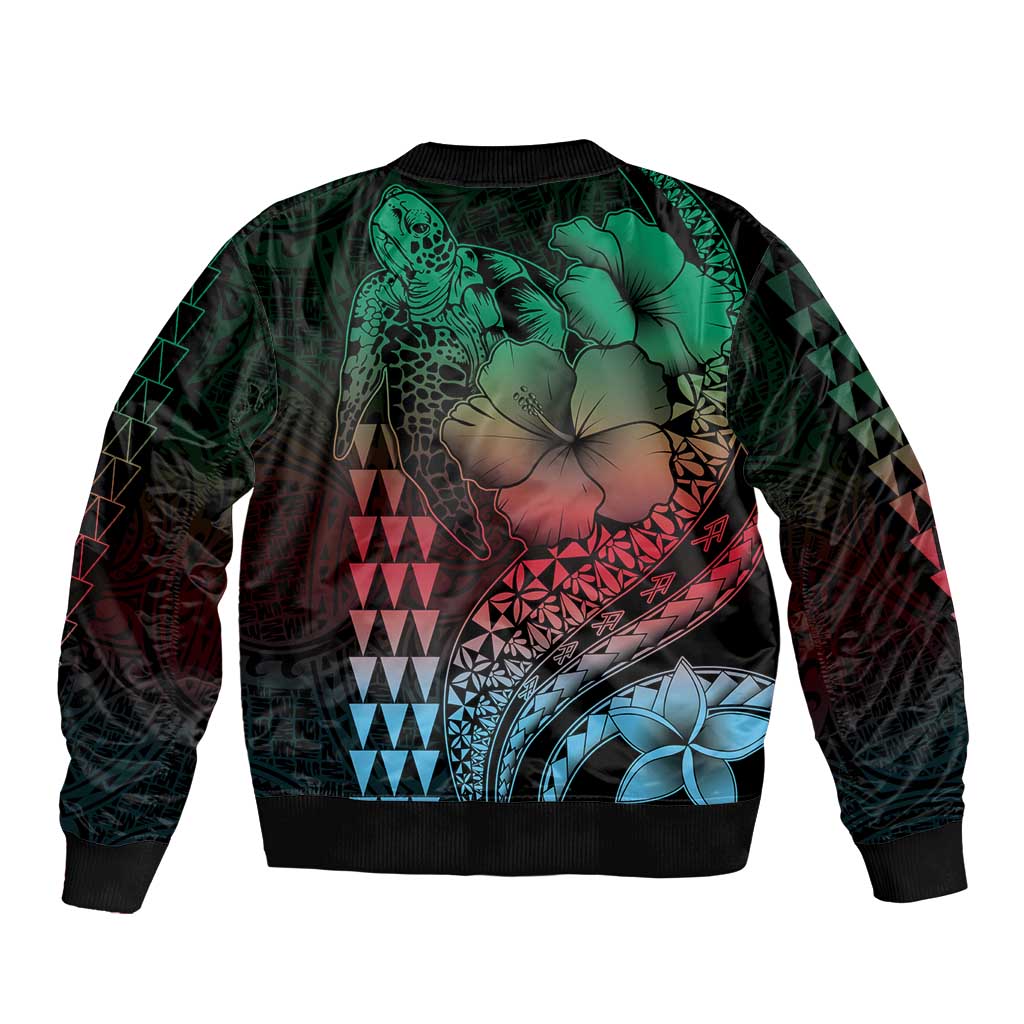 Hawaiian Sea Turtle Sleeve Zip Bomber Jacket Green Hibiscus Flowers and Kakau Pattern