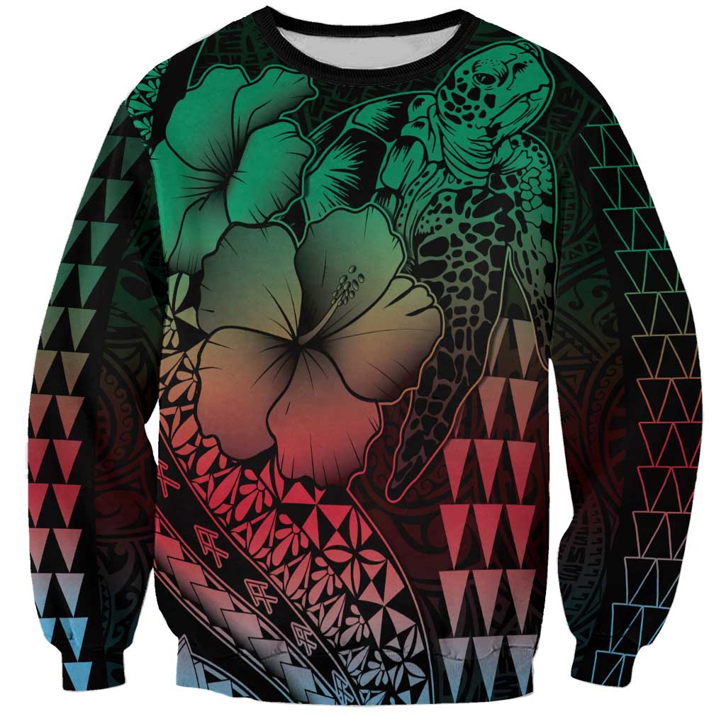 Hawaiian Sea Turtle Sweatshirt Green Hibiscus Flowers and Kakau Pattern