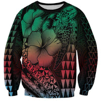 Hawaiian Sea Turtle Sweatshirt Green Hibiscus Flowers and Kakau Pattern