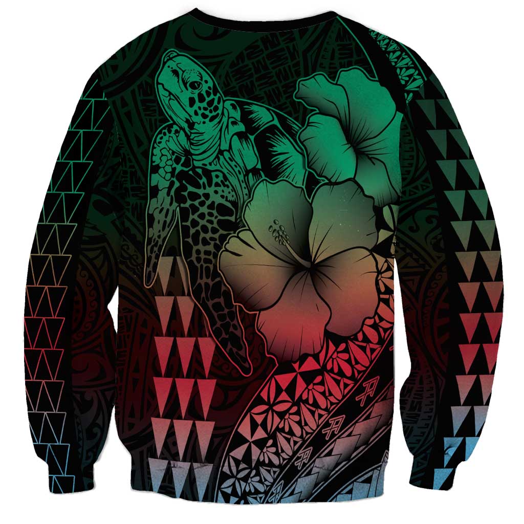 Hawaiian Sea Turtle Sweatshirt Green Hibiscus Flowers and Kakau Pattern