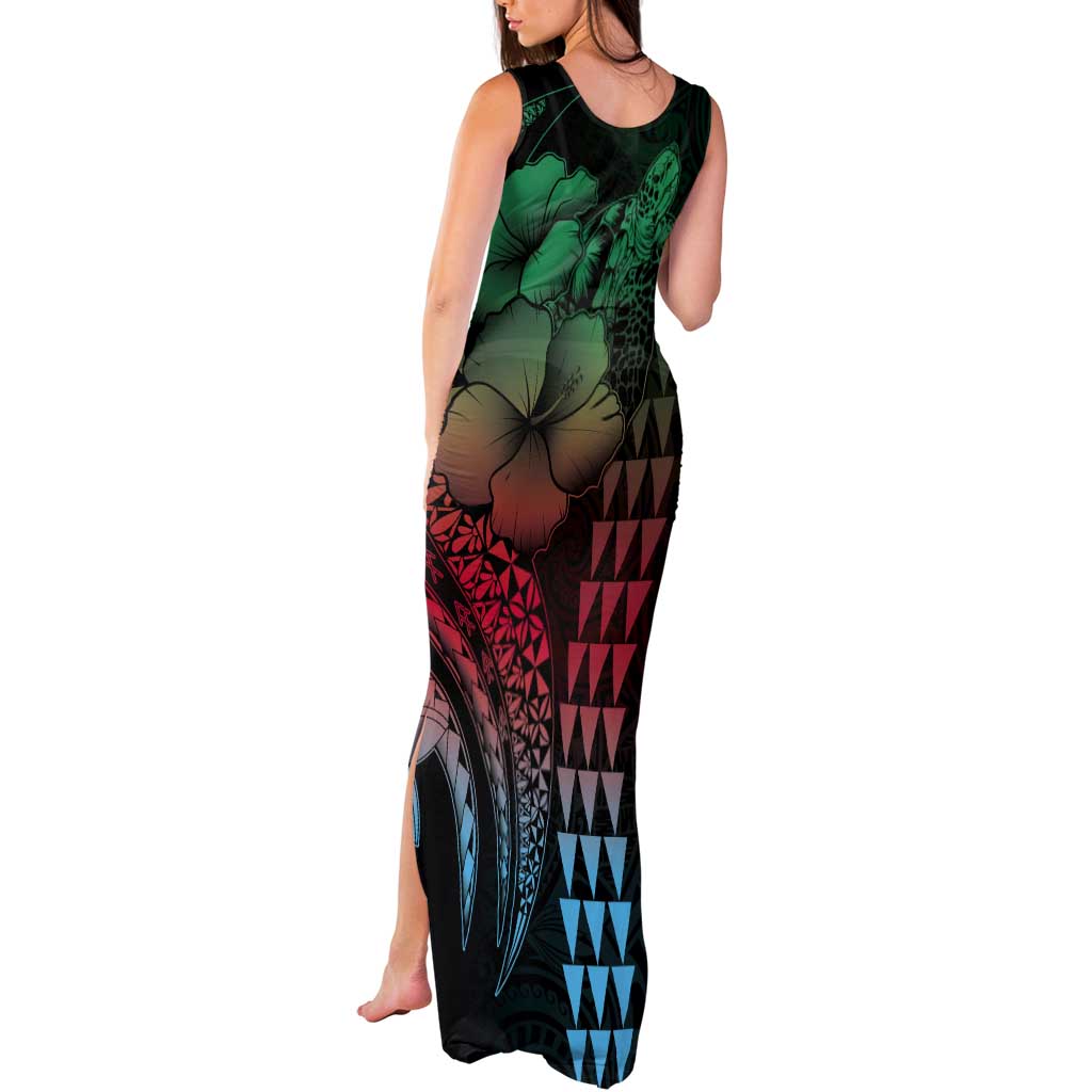 Hawaiian Sea Turtle Tank Maxi Dress Green Hibiscus Flowers and Kakau Pattern
