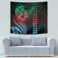 Hawaiian Sea Turtle Tapestry Green Hibiscus Flowers and Kakau Pattern