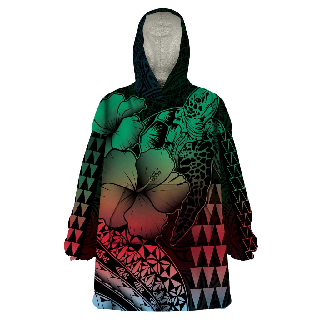 Hawaiian Sea Turtle Wearable Blanket Hoodie Green Hibiscus Flowers and Kakau Pattern