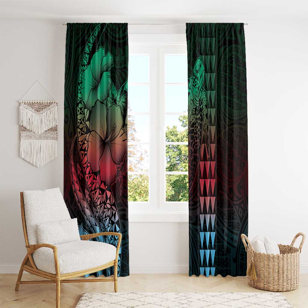Hawaiian Sea Turtle Window Curtain Green Hibiscus Flowers and Kakau Pattern