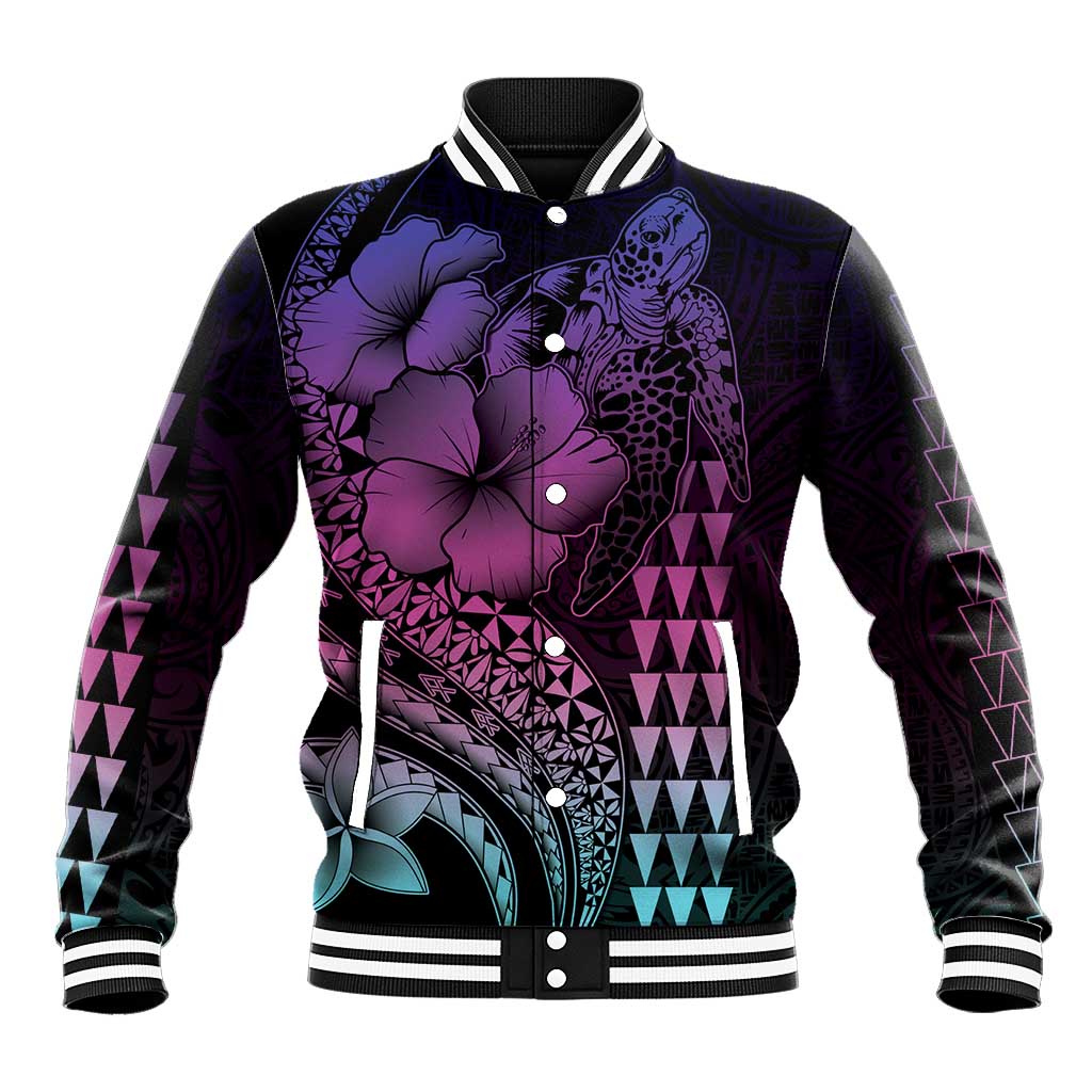 Hawaiian Sea Turtle Baseball Jacket Pink Hibiscus Flowers and Kakau Pattern